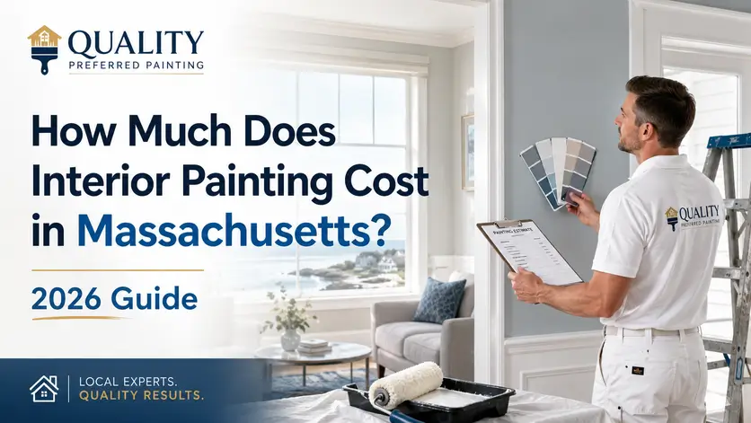 Quality Preferred Painting professional reviewing paint colors and an interior painting estimate inside a Massachusetts home.