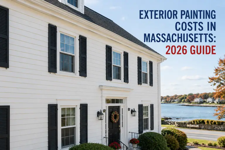 White colonial home on the Massachusetts coast with text overlay reading Exterior Painting Costs in Massachusetts: 2026 Guide.