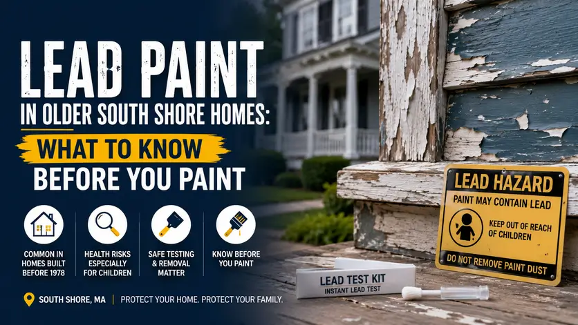 Older South Shore home with peeling exterior paint, lead hazard warning sign, lead test kit, and blog graphic about lead paint safety before repainting.