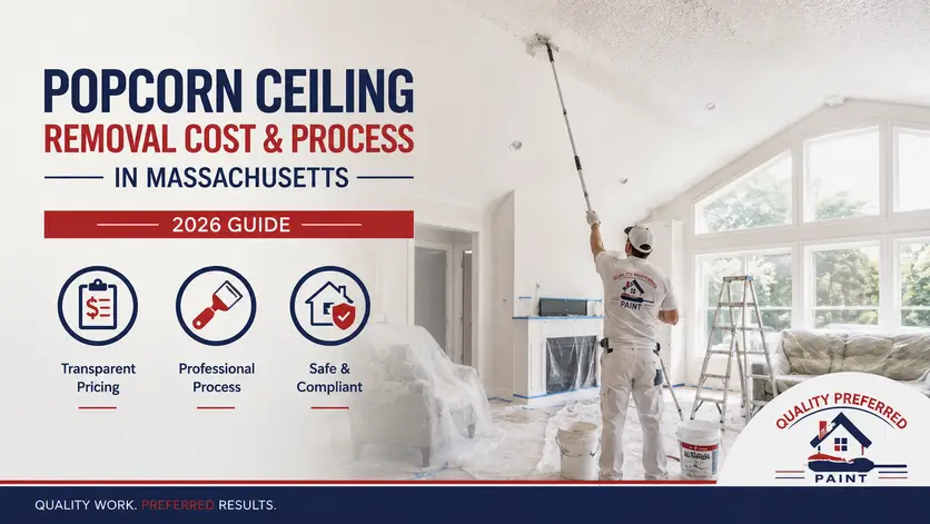 Painter removing a popcorn ceiling with a long extension pole in a Massachusetts home, prepared for dust control and ceiling renovation.