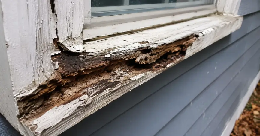 Close-up of a rotted exterior wood window sill on a New England home with peeling paint, soft crumbling wood, and visible moisture damage.