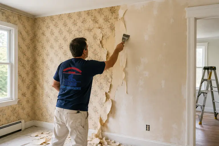 Contractor scraping old wallpaper from a wall in a South Shore home, with half the wallpaper removed to prepare the surface for painting.