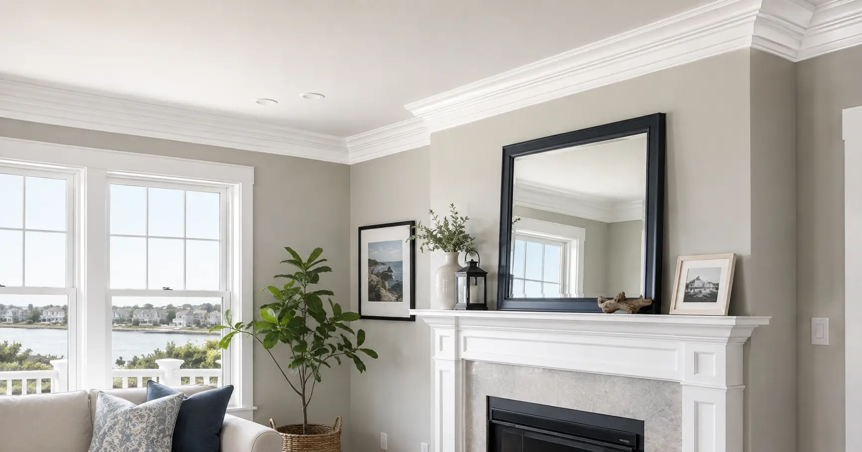 Freshly installed white crown molding meeting the ceiling in a bright South Shore living room with coastal-inspired finishes.